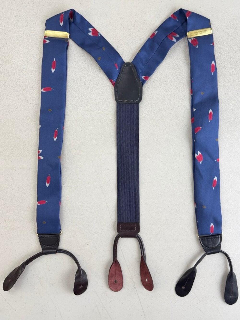 Vintage Silk Feather Print Suspenders 60s Adjustable One Size Fits Most Suspend